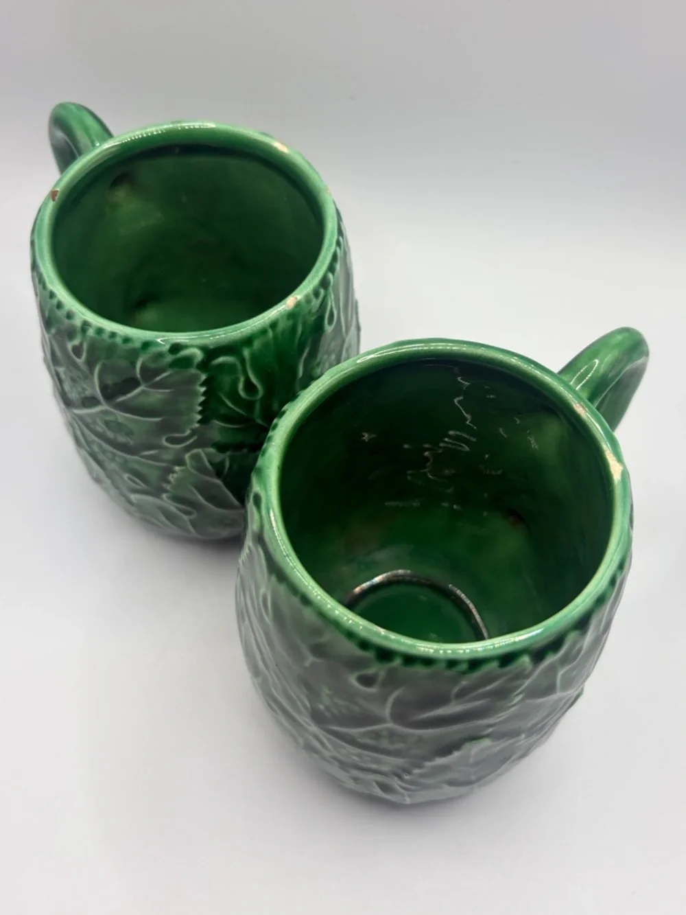 Pair Vintage Greenware Ceramic Majolica Leaf Mugs Cups Drinkware Cottagecore